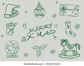 Christmas hand drawn whimsical line art element for party Invitations, card and more. Doodle icons, Vector Illustrations