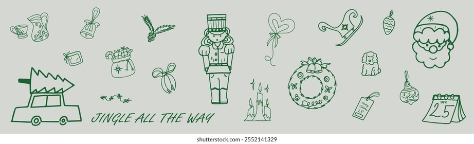 Christmas hand drawn whimsical line art element for party Invitations, card and more. Doodle icons, Vector Illustrations