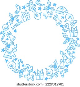 Christmas hand drawn wreath card in blue color made of funny doodles. Isolated vector christmas background, set of icons.