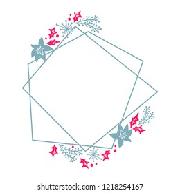 Christmas Hand Drawn wreath geometry frame stylized square for card with flowers and leaves. Scandinavian vector illustration with place for your text