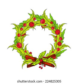 christmas hand drawn wreath with mistletoe, red winter berries and cinnamon