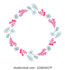 Christmas Hand Drawn wreath red and blue Floral Winter Design Elements isolated on white background for retro design flourish. Vector calligraphy and lettering illustration
