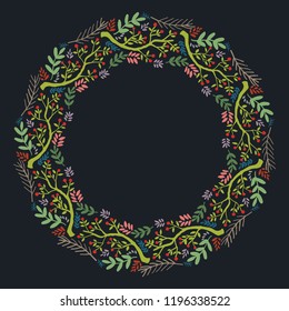 Christmas Hand Drawn Wreath with Round Frame for Cards Design Vector Layout with Copyspace Can be use for Decorative Kit, Invitations, Greeting Cards, Blogs, Posters, Merry X’mas and Happy New Year.