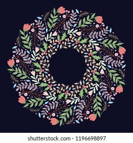 Christmas Hand Drawn Wreath with Round Frame for Cards Design Vector Layout with Copyspace Can be use for Decorative Kit, Invitations, Greeting Cards, Blogs, Posters, Merry X’mas and Happy New Year.