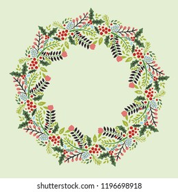 Christmas Hand Drawn Wreath with Round Frame for Cards Design Vector Layout with Copyspace Can be use for Decorative Kit, Invitations, Greeting Cards, Blogs, Posters, Merry X’mas and Happy New Year.