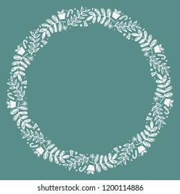 Christmas Hand Drawn Wreath with Round Frame for Cards Design Vector Layout with Copyspace Can be use for Decorative Kit, Invitations, Greeting Cards, Blogs, Posters, Merry X’mas and Happy New Year.