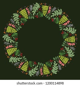 Christmas Hand Drawn Wreath with Round Frame for Cards Design Vector Layout with Copyspace Can be use for Decorative Kit, Invitations, Greeting Cards, Blogs, Posters, Merry X’mas and Happy New Year.