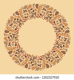 Christmas Hand Drawn Wreath with Round Frame for Cards Design Vector Layout with Copyspace Can be use for Decorative Kit, Invitations, Greeting Cards, Blogs, Posters, Merry X’mas and Happy New Year.