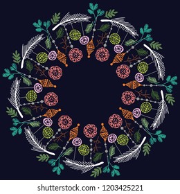 Christmas Hand Drawn Wreath with Round Frame for Cards Design Vector Layout with Copyspace Can be use for Decorative Kit, Invitations, Greeting Cards, Blogs, Posters, Merry X’mas and Happy New Year.