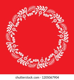 Christmas Hand Drawn Wreath with Round Frame for Cards Design Vector Layout with Copyspace Can be use for Decorative Kit, Invitations, Greeting Cards, Blogs, Posters, Merry X’mas and Happy New Year.