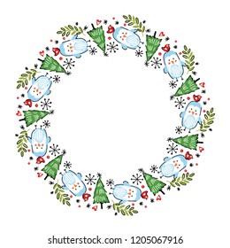 Christmas Hand Drawn Wreath with Round Frame for Cards Design Vector Layout with Copyspace Can be use for Decorative Kit, Invitations, Greeting Cards, Blogs, Posters, Merry X’mas and Happy New Year.