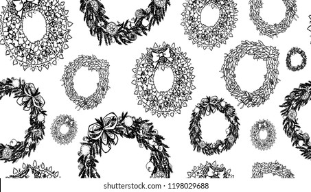 Christmas hand drawn wreath set - pattern. Vector illustration.