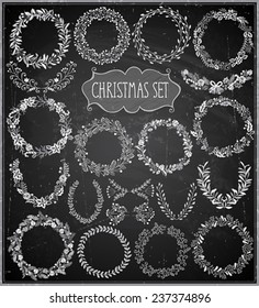 Christmas Hand Drawn Wreath Set - Chalkboard. Vector Illustration.
