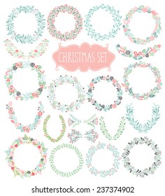 Christmas hand drawn wreath set. Vector illustration.