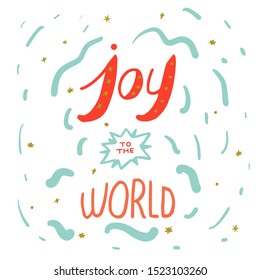 Christmas hand lettering design, square greeting card, Joy to the world, red and blue on white