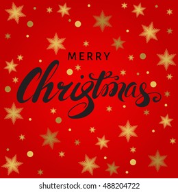  Christmas hand lettering with golden  snowflakes on red  background. Vector greeting  card.