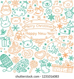 Christmas hand lettering greetings and decorations. Winter doodle hand drawn symbols, icons set.