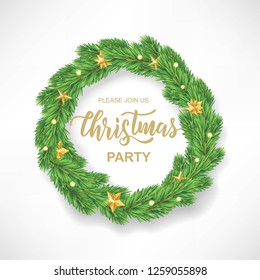 
Christmas hand lettering party poster template with wreath and gold stars. Made of realistic looking tree branches. Vector illustration.