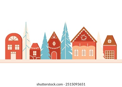Christmas hand made little wooden toy houses and Christmas trees. Home decor festive elements. New Year craft decoration. Vector design elements handcrafts home decorating.