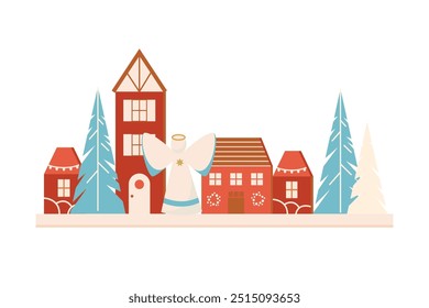 Christmas hand made little wooden toy houses, Christmas trees and angel. Home decor festive elements. New Year craft decoration. Vector design elements handcrafts home decorating.