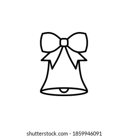 Christmas handbell with a ribbon vector icon in line art. Cute bell with a ribbon isolated on white background. Bell linear icon. Christmas and New Year decoration. Illustration for coloring book.