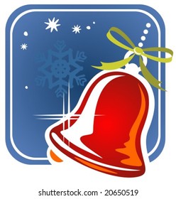 Christmas handbell and snowflake on a blue background.