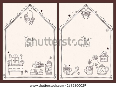 Christmas hand-drawn border frames with whimsical style. Includes lantern, chair, cozy blanket, mitten, gingerbread house, hot drinks, Christmas sweets, snowflakes, bows and more