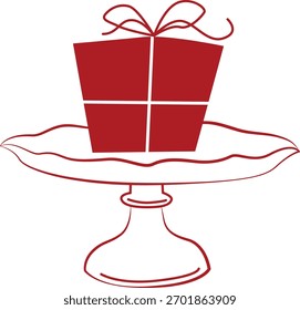 Weihnachten handgezeichnete Komposition mit einem Geschenk und festlichen Sockel Kuchen Stand in roter Farbe in Linie Kunst doodle Stil