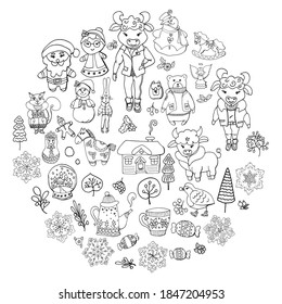 Christmas hand-drawn decorative elements in vector illustration. New year decorative elements in a circle. Black and white pattern. Zentangle Doodles style. 