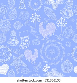 Christmas hand-drawn decorative elements in vector. Fancy Christmas balls, stars. Pattern for coloring book. Black and white pattern.Symbol 2017 Rooster