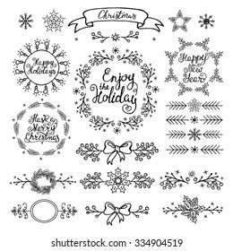 Christmas Handdrawn Design Elements. Wreaths, Branches, Headers,lettering.  Best For Greeting Cards, Invitations 