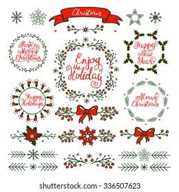 Christmas handdrawn design elements. Wreaths, branches, headers,lettering.  Best for greeting cards, invitations 
