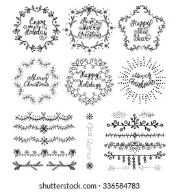 Christmas handdrawn design elements. Wreaths, branches, headers,lettering.  Best for greeting cards, invitations 