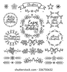 Christmas handdrawn design elements. Wreaths, branches, headers,lettering.  Best for greeting cards, invitations 