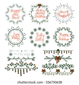 Christmas handdrawn design elements. Wreaths, branches, headers,lettering.  Best for greeting cards, invitations 