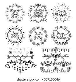 Christmas Handdrawn Design Elements. Wreaths, Branches, Headers,lettering.  Best For Greeting Cards, Invitations 