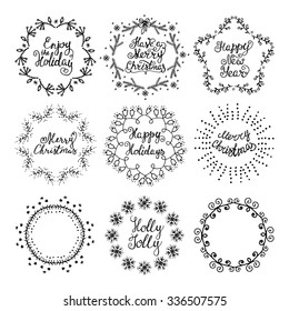 Christmas handdrawn design elements. Wreaths,lettering.  Best for greeting cards, invitations 