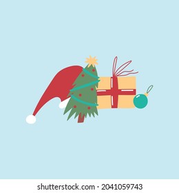 Christmas hand-drawn elements. Fluffy spruce, gifts, Santa hat, Christmas toys. Holiday attributes. Vector colorful illustration on an isolated blue background. The concept of the new year.