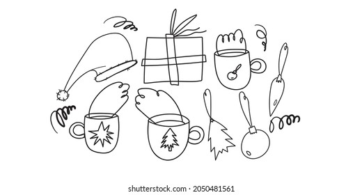 Christmas hand-drawn elements. Gifts, Santa hat, Christmas toys. Holiday attributes. Vector illustration on an isolated blue background. The concept of the new year. Line art.