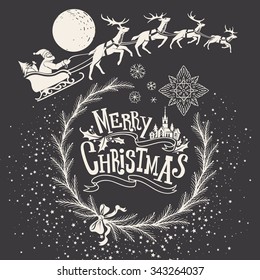 Christmas Hand-drawn Illustration with Ornamental Sign, Snowflakes and Hurtling through the Night Sky Deer Team driven by Santa Claus