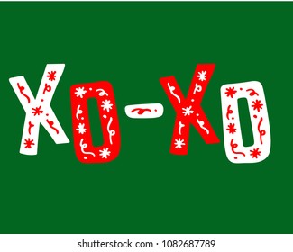 Christmas hand-drawn lettering with doodles - XO-XO. Green background.