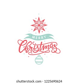 Christmas hand-drawn lettering, vector illustration. Design with handwriting text and decorative ornaments in shape of Christmas tree