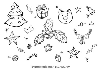 Christmas hand-drawn line icons and decorations on white background. Vector set icons with christmas symbols and objects for xmas and new year holidays.