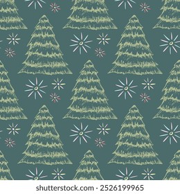 Christmas hand-drawn pattern in doodle style with Christmas trees and colorful fireworks in green tones