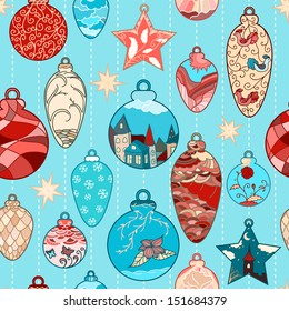 Christmas hand-drawn seamless pattern with filigree balls