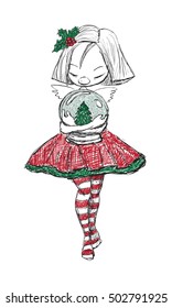 Christmas Hand-drawn Sketch Girl with Snow Globe