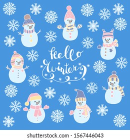 Christmas hand-drawn vector picture with cute snowmen and snowflakes, with the text HELLO WINTER on a blue background, for the design of greeting cards, covers, children's books