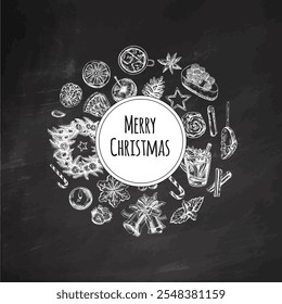 Christmas hand-drawn wreath and festive food illustration on chalkboard background 