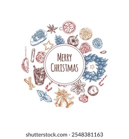 Christmas hand-drawn wreath and festive food illustration
