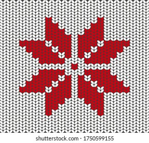 Christmas hand-knitted red snowflake. Winter sweater pattern. Editable cozy warm realistic illustration.